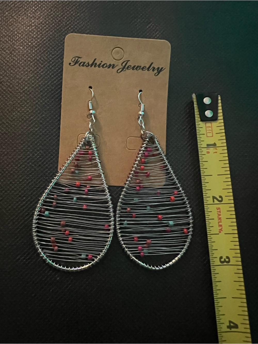 Fashion Jewelry Silver Teardrop Wire Earrings with Red & Turquoise Accent Beads